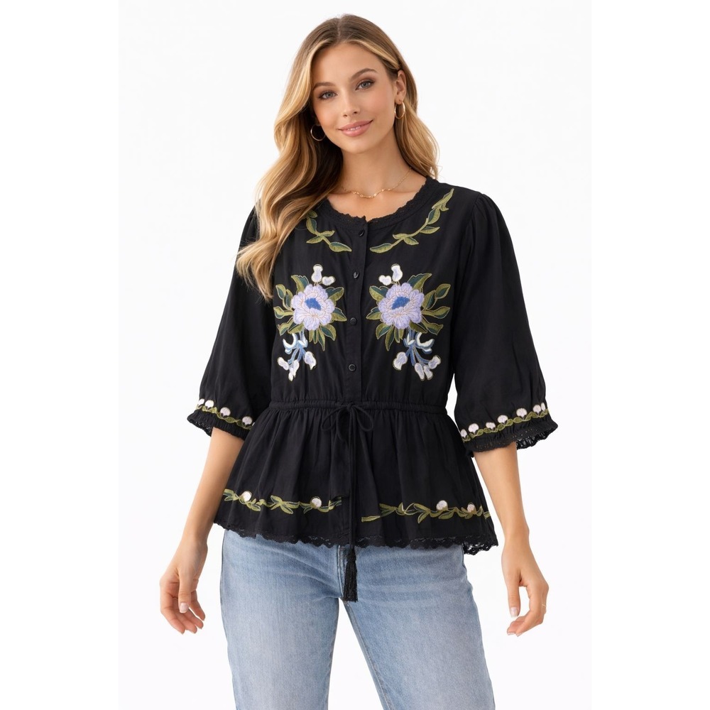JENNIFER & GRACE NEW Top‎ Blouse Black SMALL Floral Embroidered Cotton CT2877M